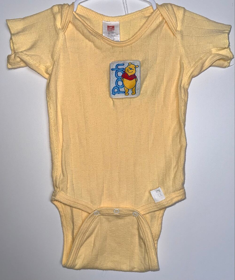 Vintage 90s Disney Winnie the Pooh Hanes Baby Yellow Bodysuit 0-3M
